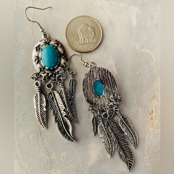 Silver and Turquoise Feather Dangle Earrings - Picture 3 of 3